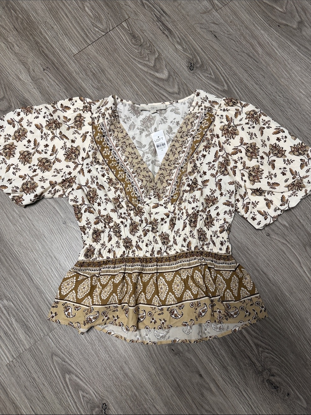 LOFT Cream and Brown Floral V-Neck Smocked Peplum Top